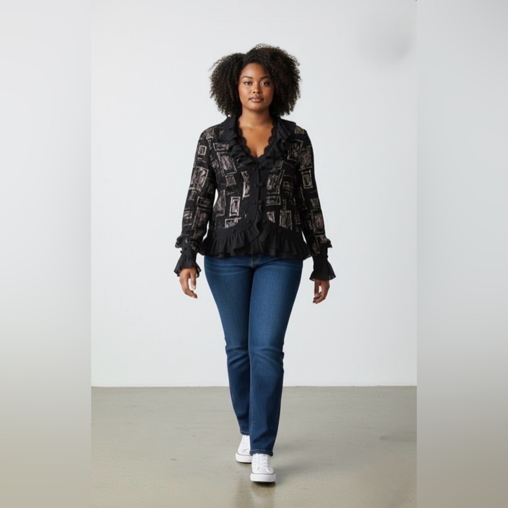 Joseph Ribkoff Black and Silver Ruffled Buttoned Blouse